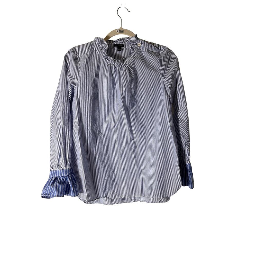 Ann Taylor Blue Pin Strip Long Sleeve High Collar Cotton Shirt Sz SP